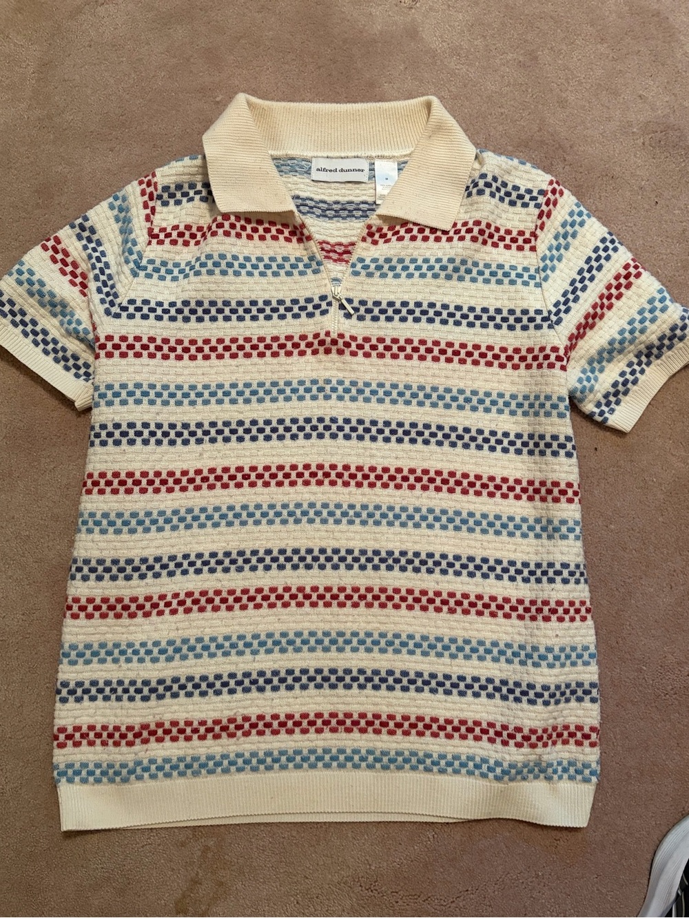 Alfred Dunner Cream Polo Sweater with Red and Blue Stripes